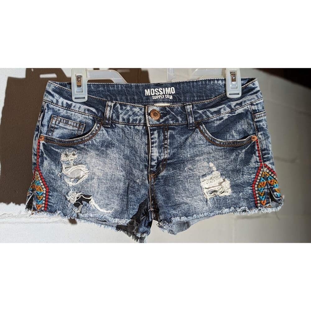 Mossimo Supply Denim Jean Shorts Acid Wash Distressed Embroidered Boho Cutoff 7